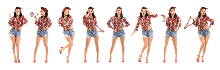 Collage with beautiful tattooed pin-up woman on white background