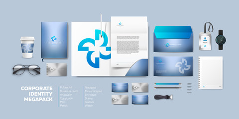 Corporate identity branding design. Premium stationery mockup vector set. Template for gallery or studio. Folder and A4 letter, visiting card and envelope based on modern blue logo.