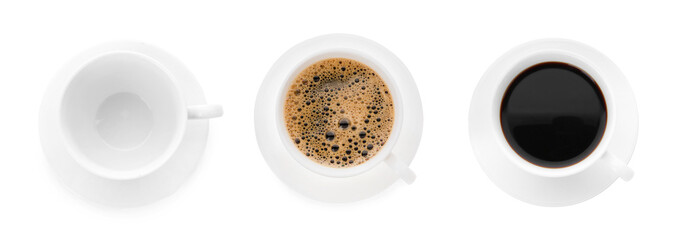 One empty cup and two cups of coffee on white background