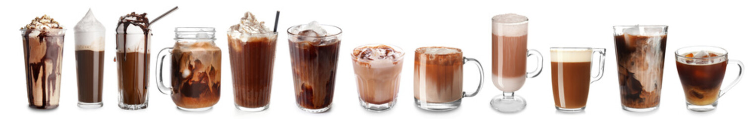 Plastic cup of tasty cold coffee with chocolate on white background