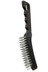 Steel wire brush with handle from black plastic for cleaning and polishing hard or metal equipment, isolated on white background