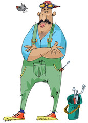 A handsome mustached mechanic in uniform. Cartoon. Caricature