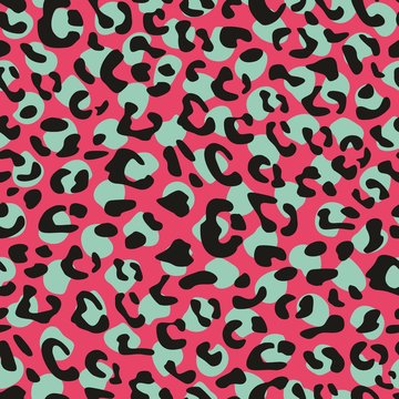 Seamless leopard vector pattern, animal tile red, black and green print background
