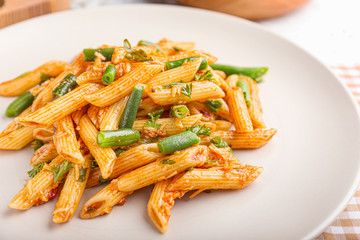 Tasty pasta on plate, closeup