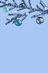 Naklejka na ściany i meble Blue background with christmas tree and balls with snow, and place for text, doodle style christmas card vertical
