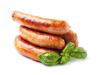 Tasty grilled sausages on white background