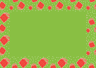 A Christmas background with red gifts and white snow on a paper background, with place for text