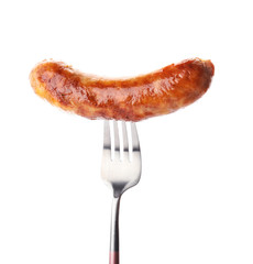 Fork with grilled sausage on white background