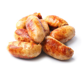 Tasty grilled sausages on white background