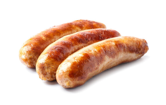 Tasty grilled sausages on white background