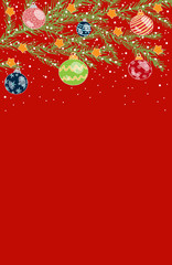 Christmas card with place for text, Christmas tree branches decorated with toys, stars with snow, on a red background