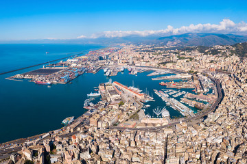 Genoa port aerial panoramic view - obrazy, fototapety, plakaty