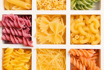 Divided box with assortment of pasta, closeup