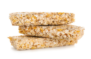 Tasty granola bars on white background