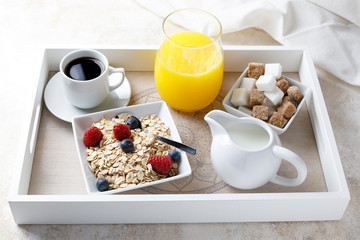 Healthy breakfast with juice and coffee