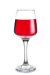 Glass with tasty wine on white background