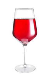 Glass with tasty wine on white background