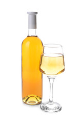 Bottle and glass of tasty wine on white background