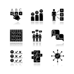 Survey drop shadow black glyph icons set. Choosing checkbox. Correct, wrong answer. Satisfaction level. Positive, negative feedback. Mass survey. Online poll. FAQ sign. Isolated vector illustrations