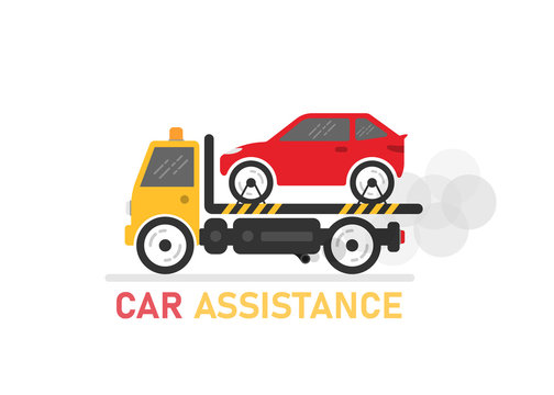 Car assistance on white background. Delivery of the car to the client. Vector illustration.