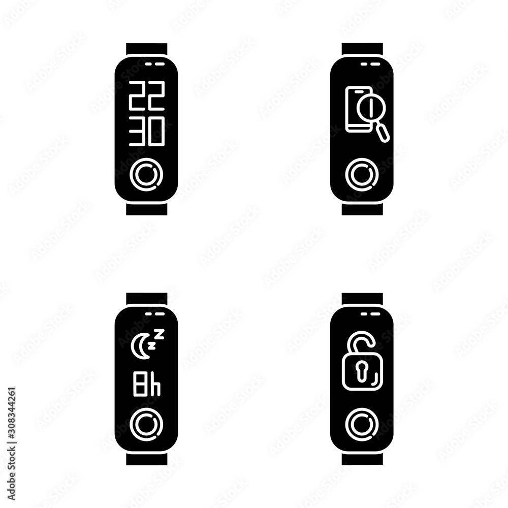 Poster fitness tracker with digital clock and sleep time control glyph icons set. wellness device with lost