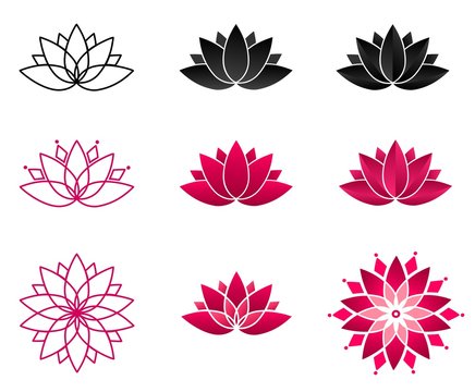 Collection of blooming lotus flowers for a logo. Set of stylized lotuses. Vector illustration. Yoga, wellness, spa, meditation design. Symbol of spiritual growth.