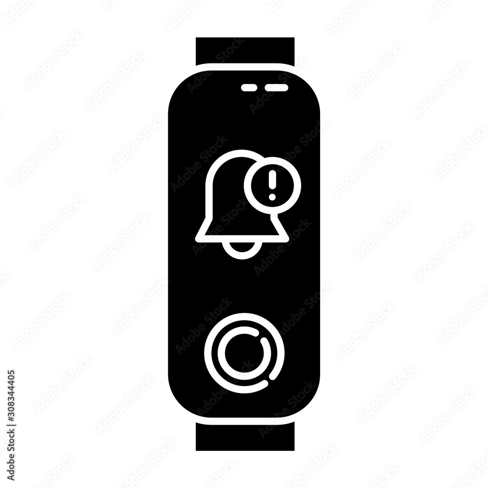 Poster fitness tracker with notification sign on display glyph icon. bell symbol with exclamation mark. hea