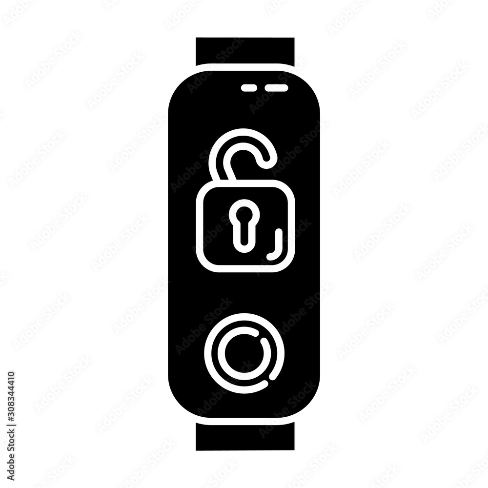 Poster fitness tracker with open padlock glyph icon. wearable wellness device with remote unlocking functio