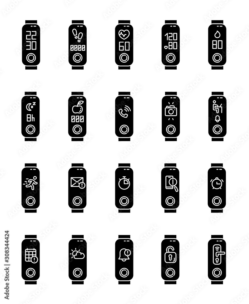 Poster fitness tracker functions on display glyph icons set. wellness device with health monitoring. fitnes