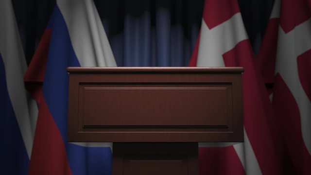 Many flags of Denmark and Russia behind speaker tribune, 3D animation