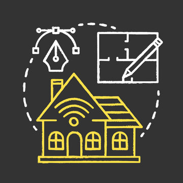 Smart home design chalk concept icon. Modern house plan idea. Creating home with innovative systems. Contemporary homebuilding, architecture. Vector isolated chalkboard illustration