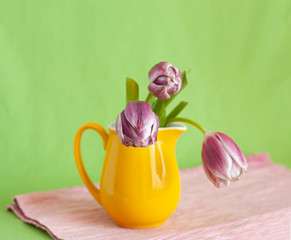 Bouquet of delicate pink tulips stands in yellow vase on pink napkin and green background. Place for text..