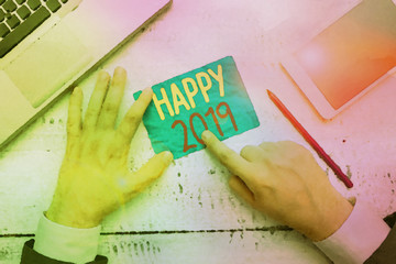 Conceptual hand writing showing Happy 2019. Concept meaning feeling showing or causing pleasure or...