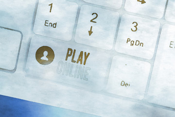 Writing note showing Play Online. Business concept for a video game played over some form of...