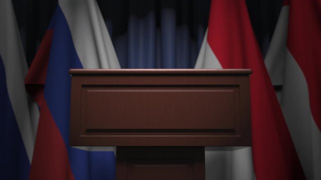 Flags of Indonesia and Russia and tribune, 3D animation