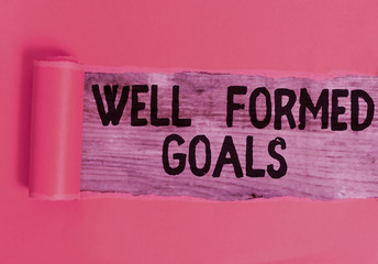 Word writing text Well Formed Goals. Business photo showcasing Inner Coaching Straight forward objectives or target Cardboard which is torn in the middle placed above a wooden classic table