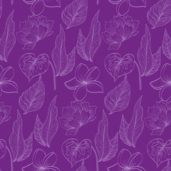 Tropical flowers and leaves outline sketched. Monochrome colouring page flowers and leaves isolated. seamless pattern.