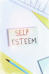 Text sign showing Self Esteem. Business photo showcasing a feeling of having respect for yourself and your abilities Flat lay above table with pc keyboard and copy space paper for text messages