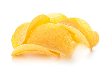 Tasty potato chips on white background