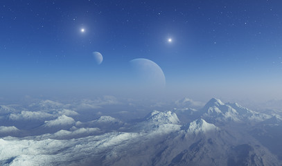 Naklejka na ściany i meble 3d rendered Space Art: Alien Planet - A Fantasy frozen Landscape with blue skies