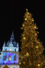 Night life and beautiful Christmas decorations at Hauptplatz (main square), at night, in the city center of Graz, Styria region, Austria