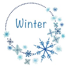 Fototapeta na wymiar Round frame with winter pattern blue snowflakes