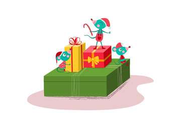 Obraz premium Cute and happy mice sittng and standing on gift boxes