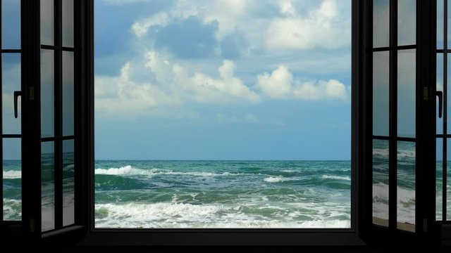 Animation view of the hotel window on the sea and the waves. Weekend trip, spa relaxation
