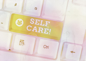 Handwriting text Self Care. Conceptual photo the practice of taking action to improve one s is own health White pc keyboard with empty note paper above white background key copy space