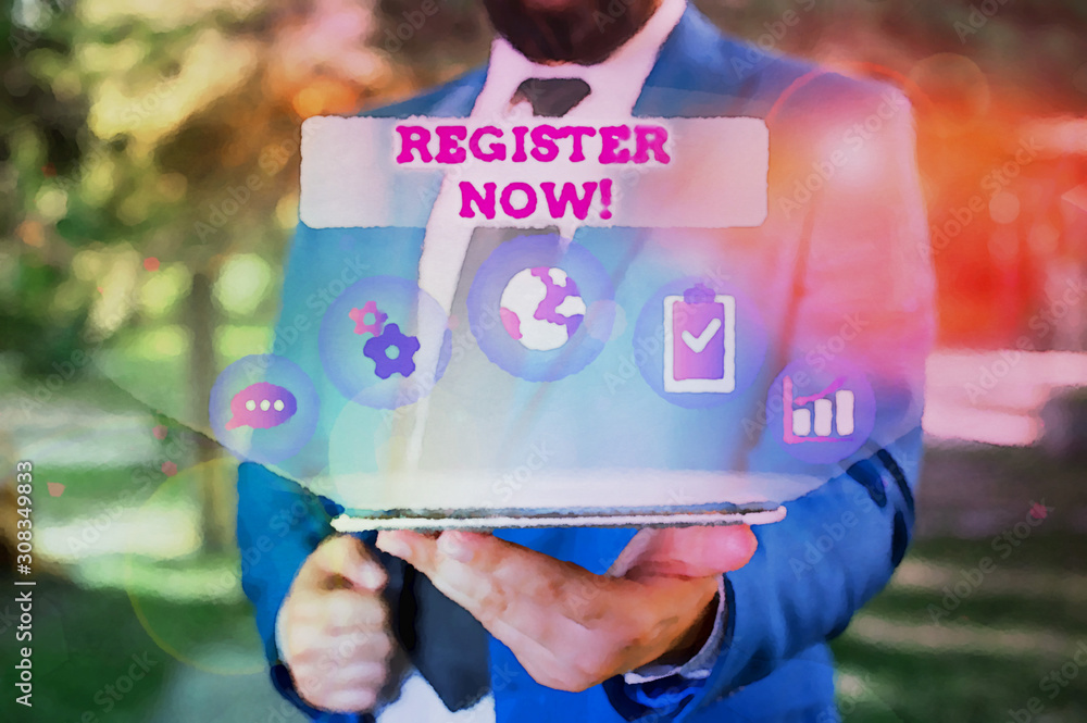 Poster writing note showing register now. business concept for official list or record showing or things in