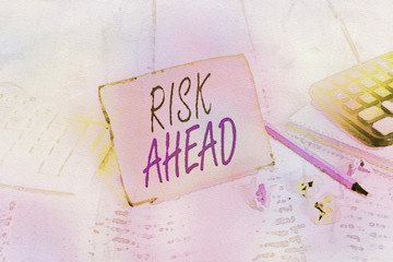 Writing note showing Risk Ahead. Business concept for A probability or threat of damage, injury,...