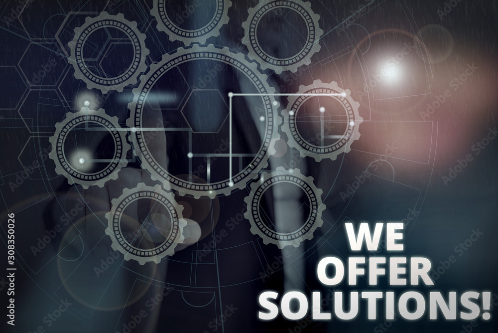 Poster text sign showing we offer solutions. business photo text way to solve problem or deal with difficul