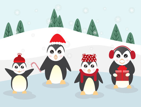 Merry Christmas and Happy New Year greeting card with cute cartoon penguin.