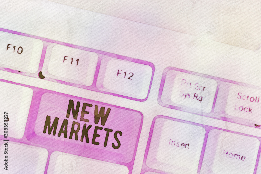 Poster conceptual hand writing showing new markets. concept meaning market where the end product or service